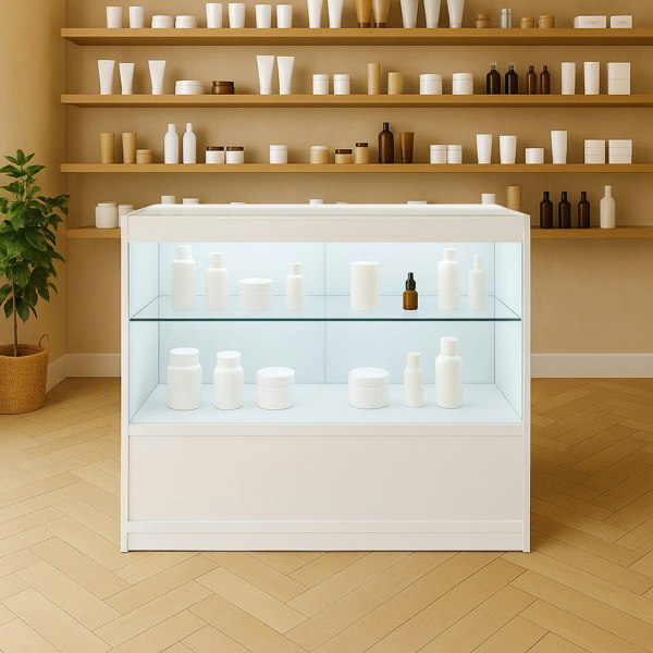 LED retail shop counter C900 in white, featuring glass shelves displaying various white and brown cosmetic containers against a warm backdrop