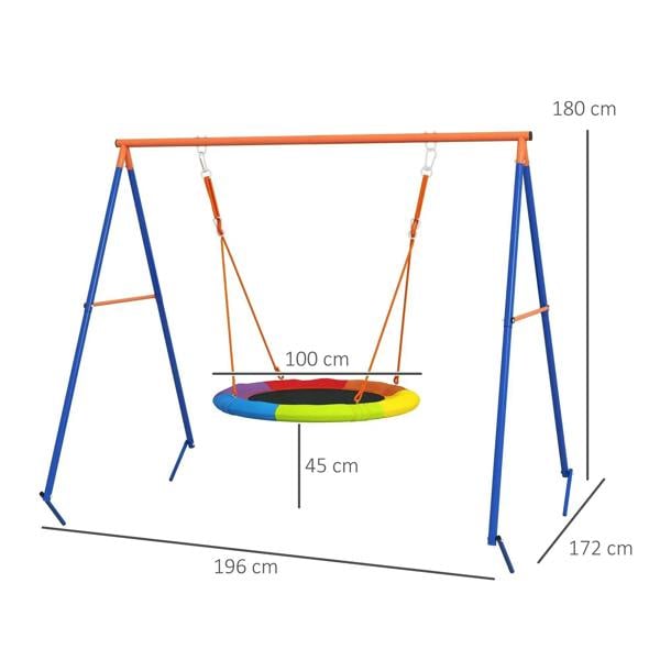 A-frame swing set with multicolor round nest seat and orange suspension ropes