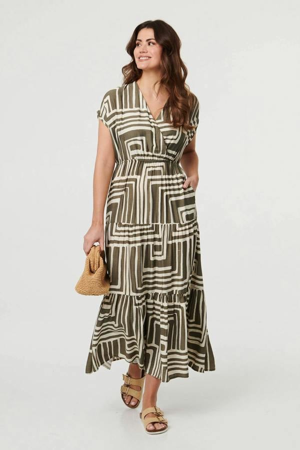 Green | Geo Print Ruched Tiered Maxi Dress