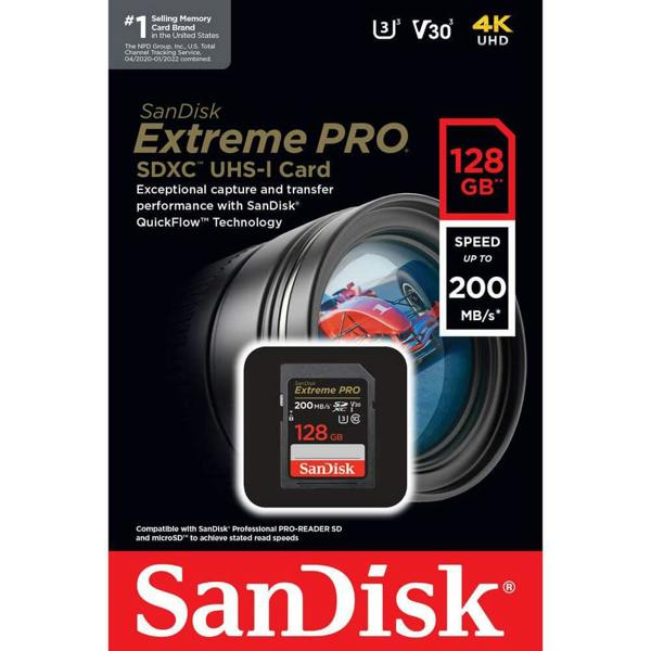 SanDisk Extreme PRO SDXC card 200MBs UHSI U3 V30 128GB