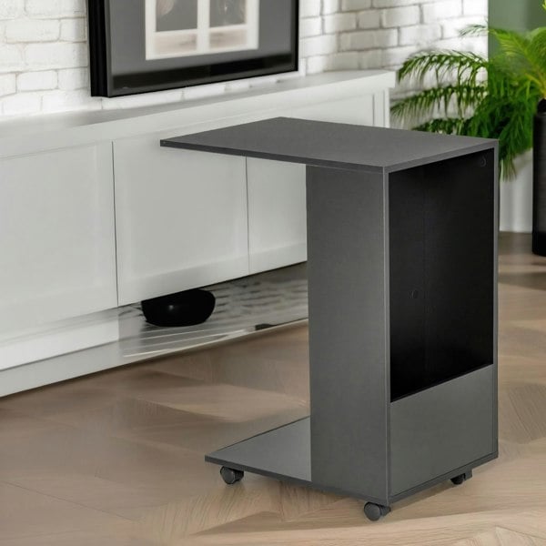 Rafaelo Mobilia Industrial Black C Shaped Side Table With Storage & Wheels