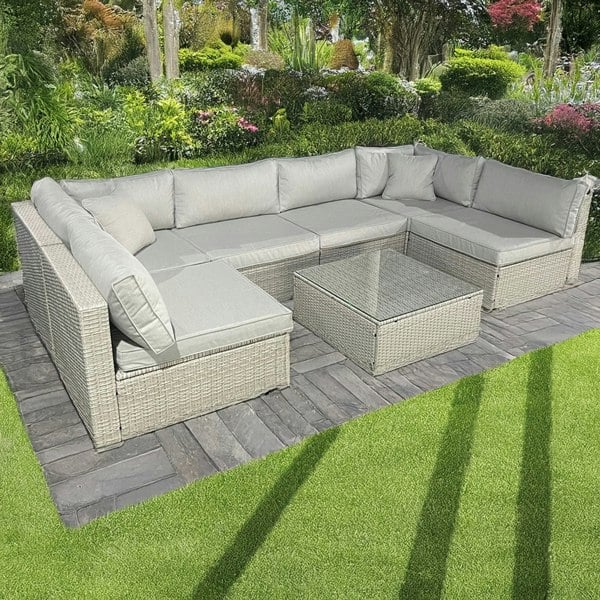 Furnishings For Less Rattan U Shaped Grey Sofa + Glass Coffee Table Outdoor Seating
