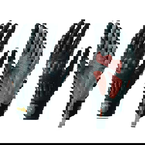 Scruffs Trade Shock Impact Mens Work Padded Palm Gloves, pair of durable work gloves with padded palms, adjustable wrist strap, and impact-resistant features for safety and comfort.