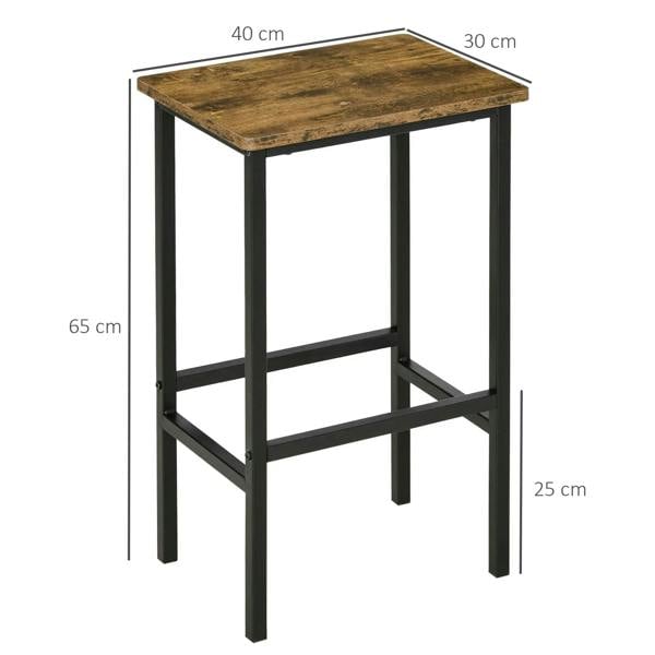 Counter-height bar stool with rustic brown top, black steel frame, and footrest bar