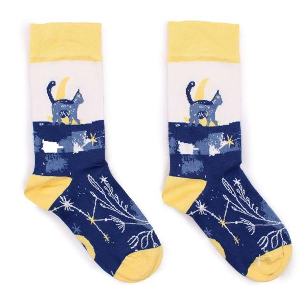 Bamboo socks with midnight navy, yellow cuffs, cat motif, and starry pattern