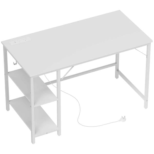 White computer desk with power sockets, wide tabletop, and built-in side shelves