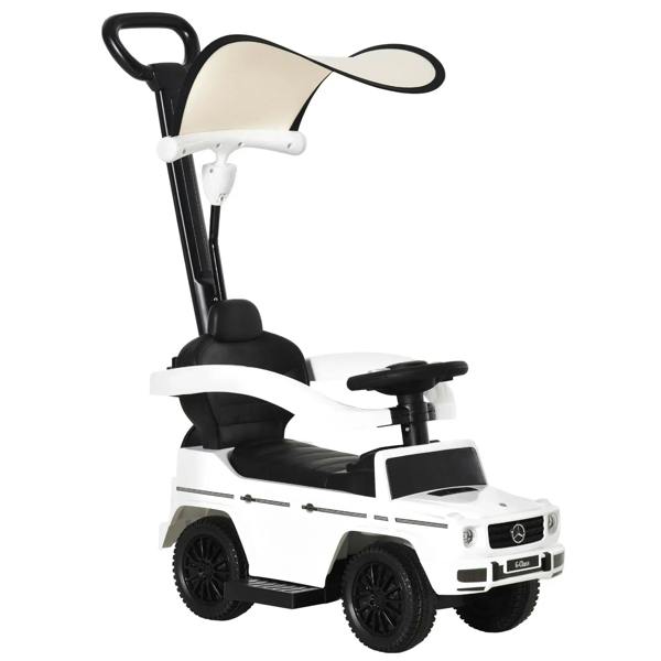 Kids ride-on push car walker in white with black seat, steering wheel, and horn