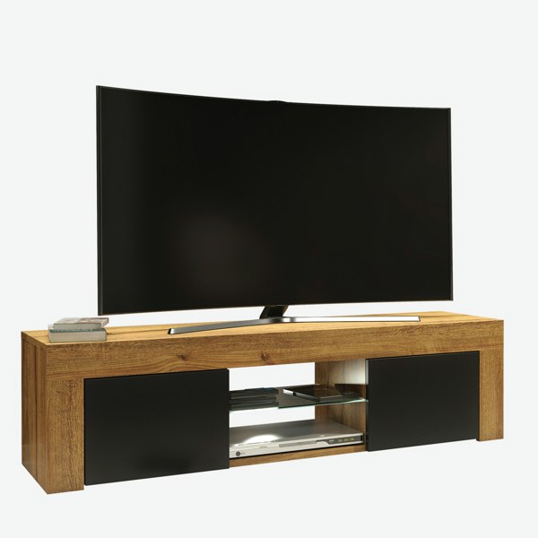 Mex Furniture 130cm Oak TV Unit Sideboard Cabinet with Black Matt Doors and Free LED Lights