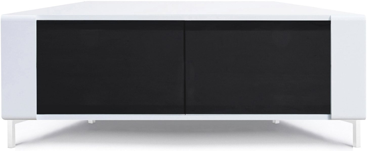 MDA Designs CORVUS Corner-Friendly Gloss White Contemporary Cabinet with White Profiles Black BeamThru Glass Doors for Flat Screen TVs up to 50"