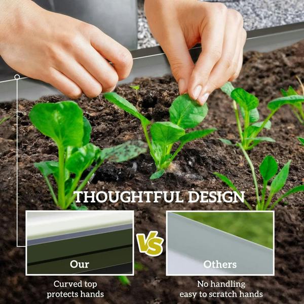 Raised garden bed with soil and young seedlings, designed for easy planting