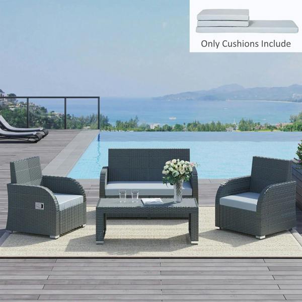 Grey outdoor seat cushion set on rattan patio sofa, 3-piece cushions