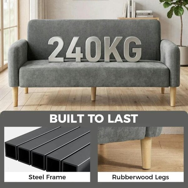 2 Seater Sofa, Velvet Small Couch with 20cm Thick Padding, Wide and Deep Seat, Grey