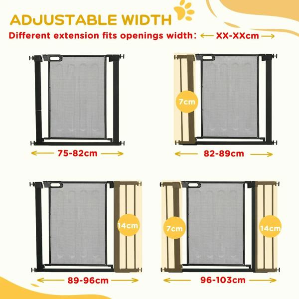 Adjustable-width black mesh safety gate with extension kit size ranges shown