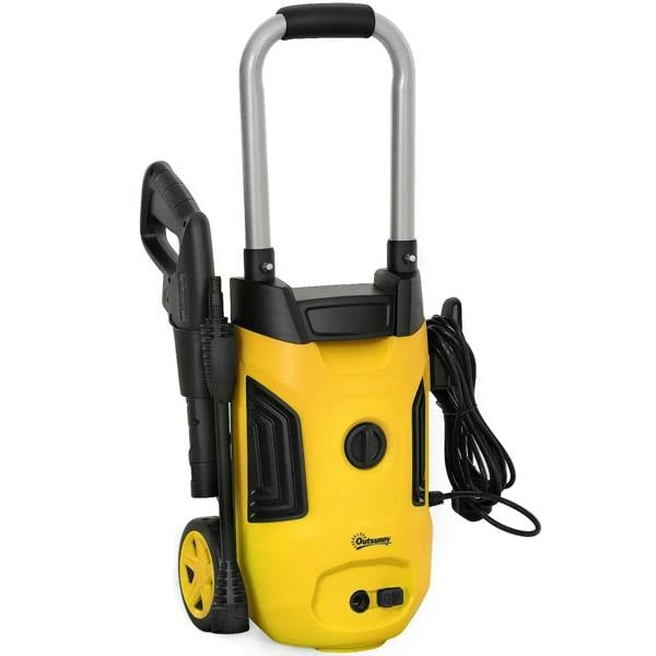Yellow 1800W pressure washer with 150-bar rating, adjustable nozzle, and power cord