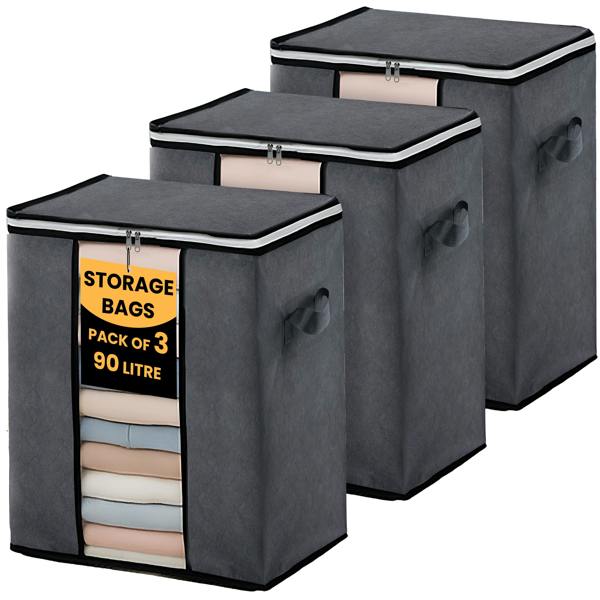 LKH HOME COLLECTION LKH Clothes 3 Pack Storage Bags 90L - Foldable Fabric Storage Boxes - Non-Woven with Handles & Zipper for Bedding & Wardrobe