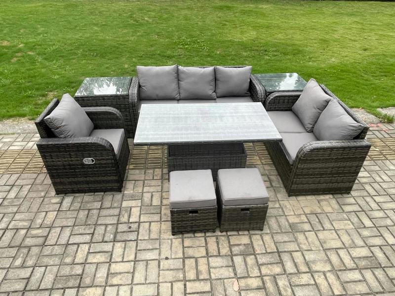 Fimous Rattan Garden Furniture Patio Set, Adjustable Height Table, Reclining Chair Sofa, 2 Side Tables, 2 Small Footstools, Dark Grey Mixed