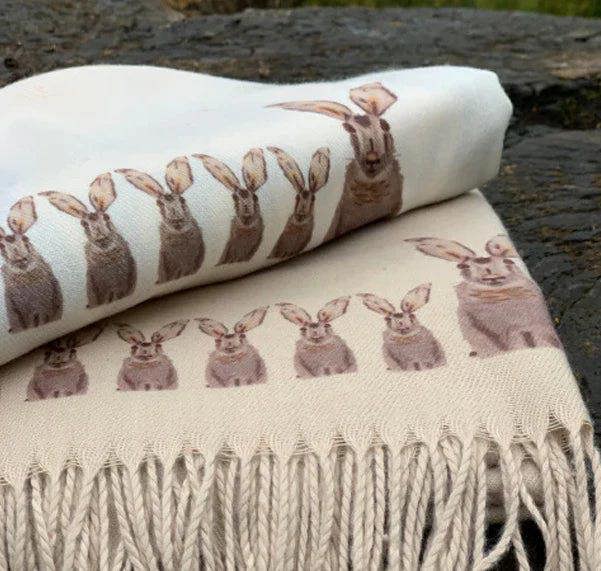 Art on Scarves Cashmere Feel Luxury Scarf Handprinted with Hares