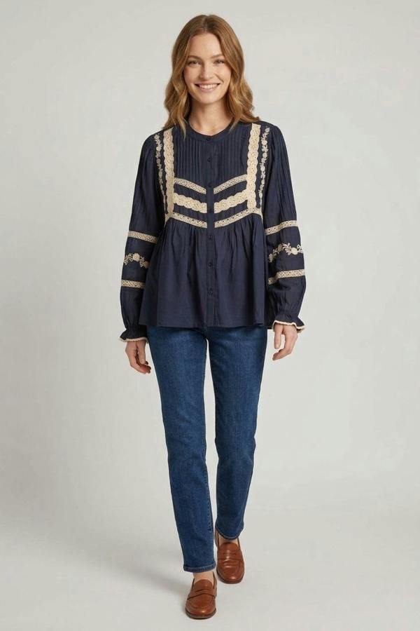 Navy | Lace Trim Long Sleeve Pleated Blouse