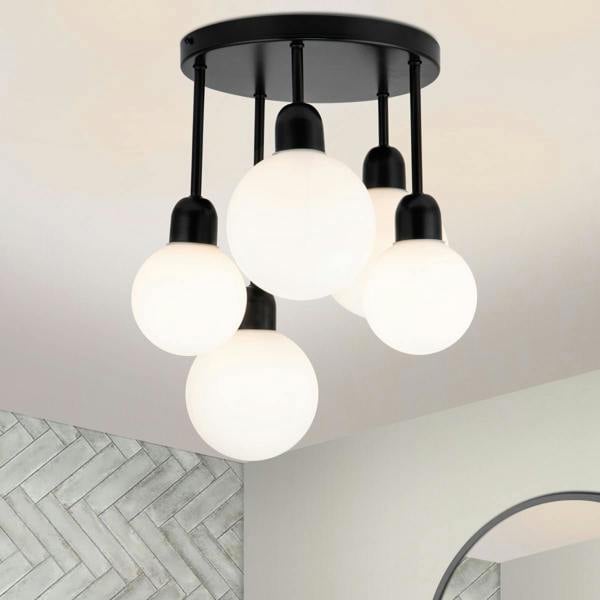 COSYLYTE Broome Bathroom 5 Light Opal Glass Ceiling Light - Matt Black