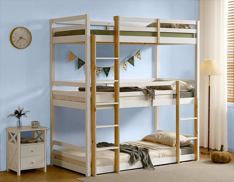 Mission TM Triple Bunk Bed, 3 Tier Solid Pine Frame with Guardrails and 2 Ladders, Sleeps Three