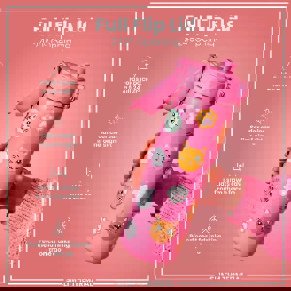 A pink water bottle, featuring a 240° flip lid and cat designs, is being held; it's marketed as slim, thermal, and ideal for on-the-go use. Full Flip Lid, 240° Opening, SLIM THERMAL.
