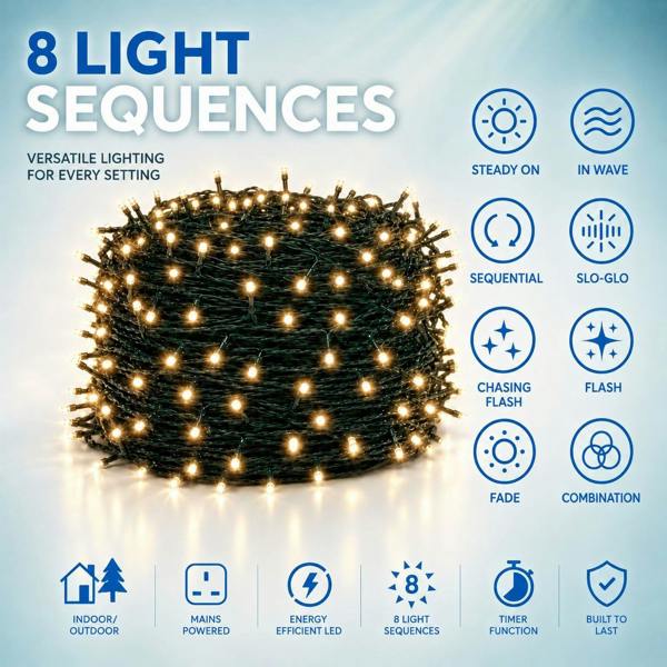 8m 100 LED Warm White Fairy String Lights Mains Powered, 8 Modes, Memory Function, Auto Timer, Indoor/Outdoor Green Cable image 6