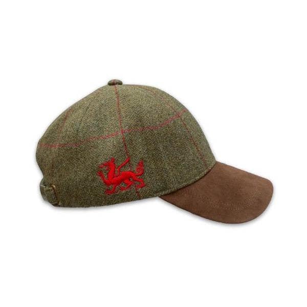 Green tweed baseball cap with brown suede peak and red Welsh dragon embroidery