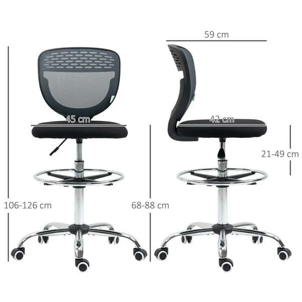 Grey armless swivel drafting chair with mesh back and height-adjustable chrome base