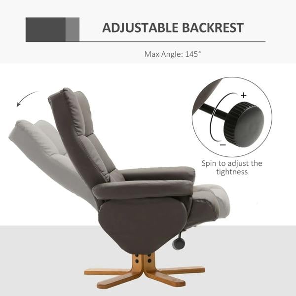 Brown PU leather swivel recliner chair with adjustable backrest and wooden base
