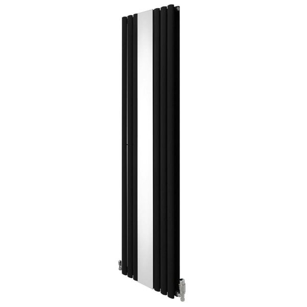 Sleek black oval mirror radiator with vertical tubes, measuring 1800mm x 500mm, featuring modern design and integrated valves
