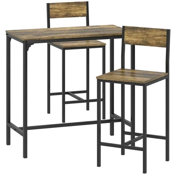 Industrial bar table set with two stools, rustic brown tabletop and footrests