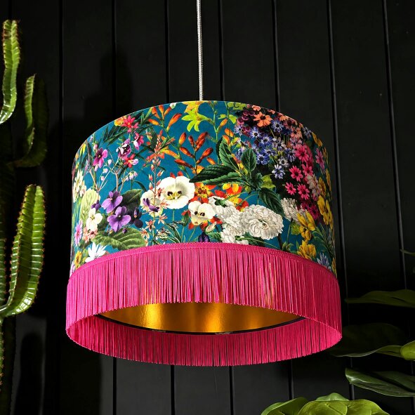 Love Frankie Teal Summer Meadow Velvet Lampshade with Gold Lining and Fringing