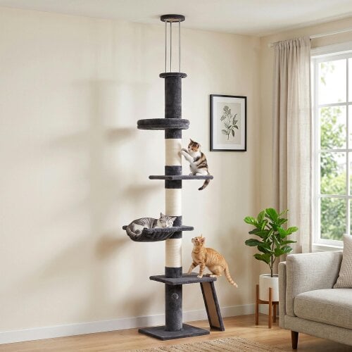 PawHut Floor to Ceiling Cat Tree, 230-260 cm Adjustable Cat Tower Dark Grey