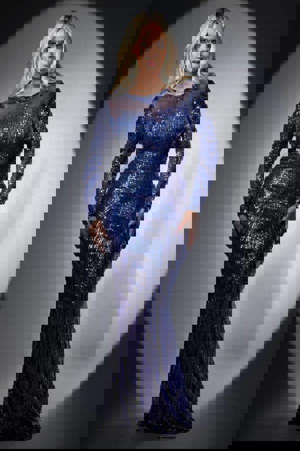 Long Sleeve Aztec Sequin Maxi Dress - Navy DR3490