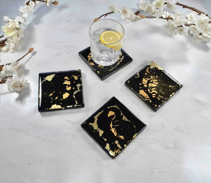 Kate Chesters Art Black Gold Resin Coasters for Drinks Set of 4