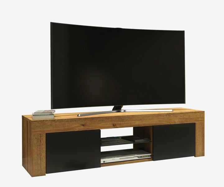 Mex Furniture 130cm Oak TV Unit Sideboard Cabinet with Black Matt Doors and Free LED Lights