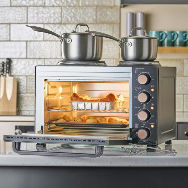 Cooks Professional 28L Mini Oven with 2 Hobs | Black / Copper