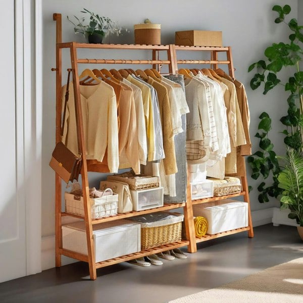 Rafaelo Mobilia Bamboo Clothes Rail With 2 Shelves