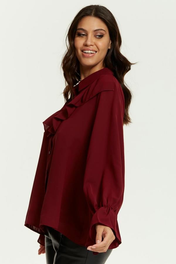 Hoxton Gal Oversized Frilled Front Shirt with Detailed Cuffs in Burgundy