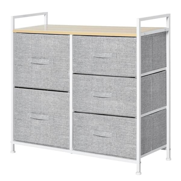 Grey linen fabric 5-drawer storage unit with metal frame and shelf handles