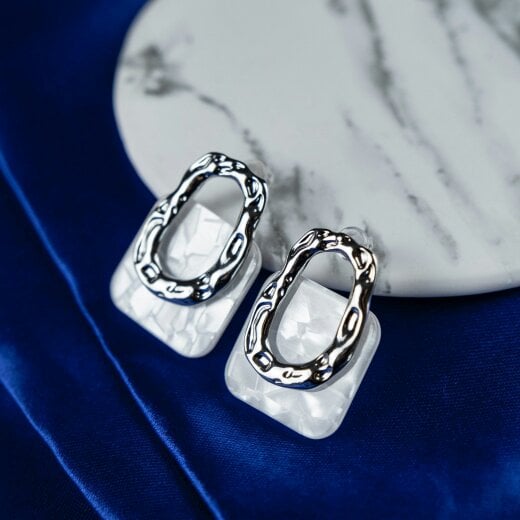 The Colourful Aura Gold Acrylic Resin Geometric Hollow Square Lock Hanging Foil Stud Drop Earring - Silver - Silver