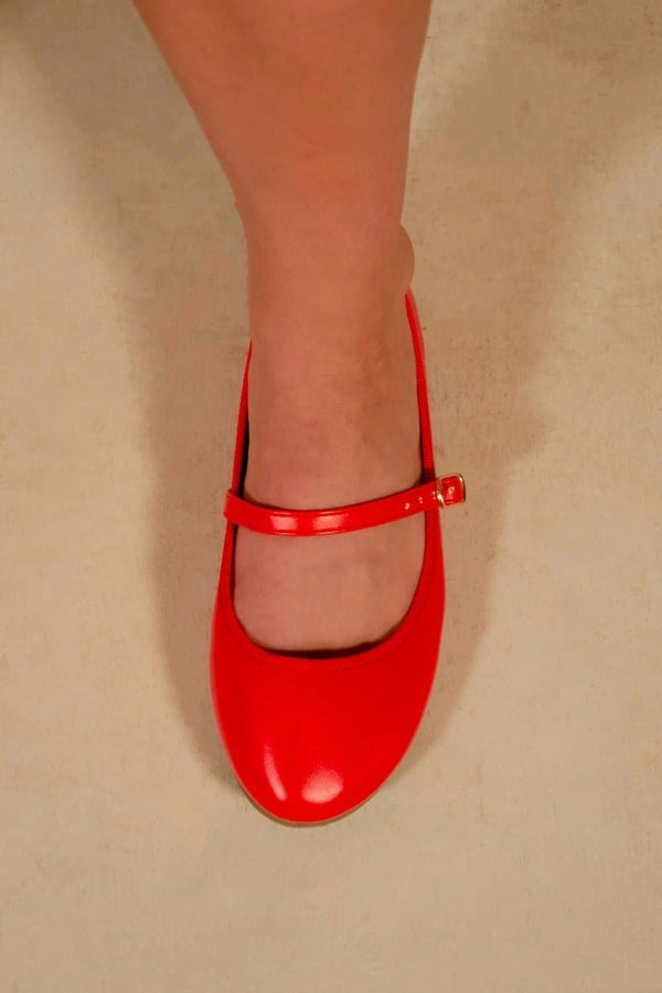 Where's That From Josie Wide Fit Ballerina Flats With Strap Detail in Red Faux Leather