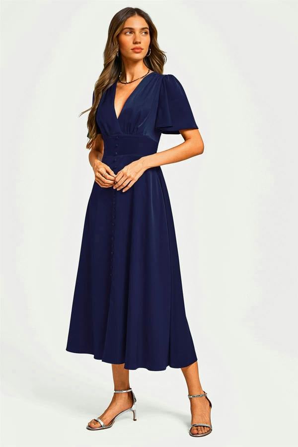 FS Collection Satin V neckline Button Detail Dress In Navy