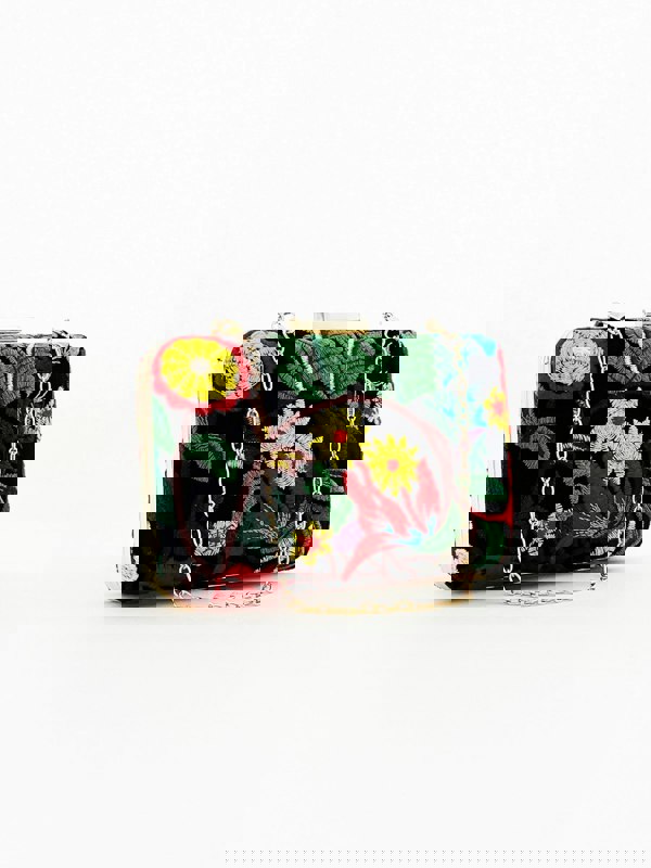 SVNX Black Square Clutch with Multicoloured Embroidered Florals