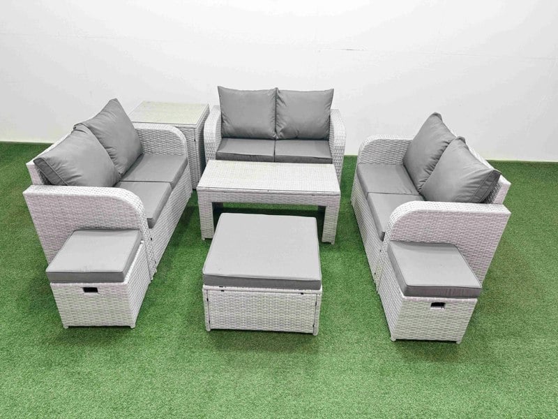 Fimous  9 Seater PE Wicker Rattan Furniture Sofa Sets with Oblong Coffee Table 2 Seater Love Sofa 3 Stool Side Table Light Grey