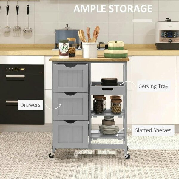 Rolling Kitchen Island Cart, Bar Serving Cart, Compact Trolley on Wheels with Wood Top, Shelves & Drawers, Grey