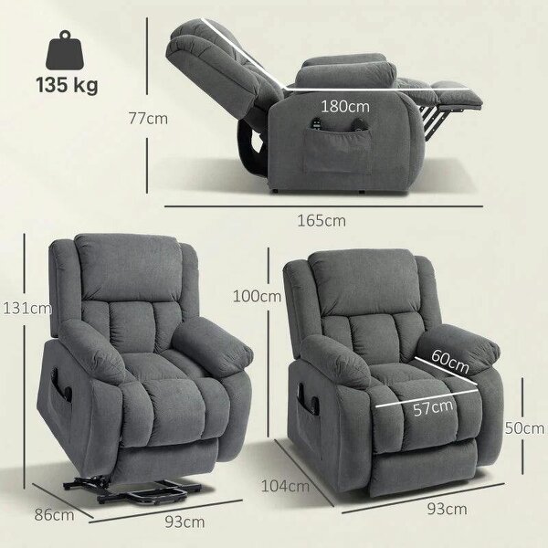 Recliner Armchair Lift Chair, Electric Recliner Chair with Vibration Massage and Heat, Wide Seat, USB Port, Grey