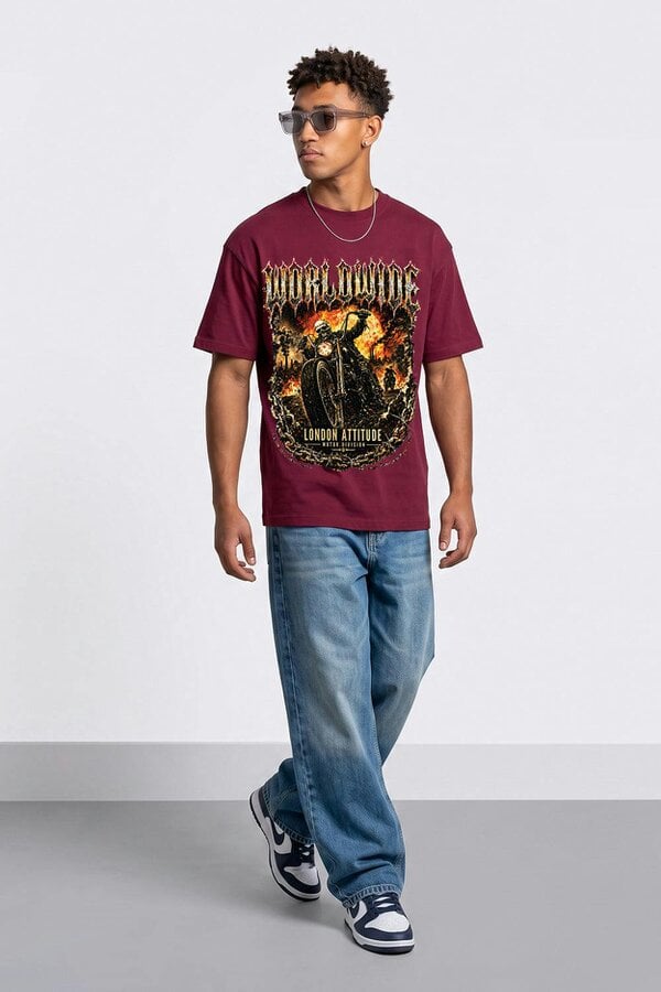 London Attitude Worldwide Skull Biker Oversized Heavyweight Graphic T-Shirt