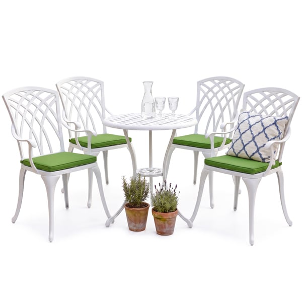 Centurion Supports OSHOWA Luxurious Garden and Patio Table and 4 Large Chairs with Armrests Cast Aluminium Bistro Set - White with Green Cushions