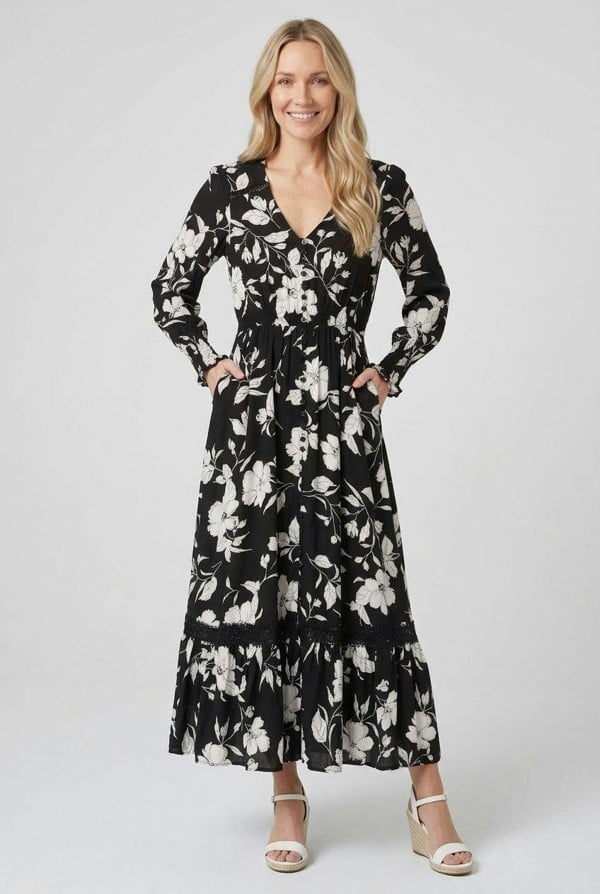 Izabel London Floral Print Long Sleeve Maxi Dress